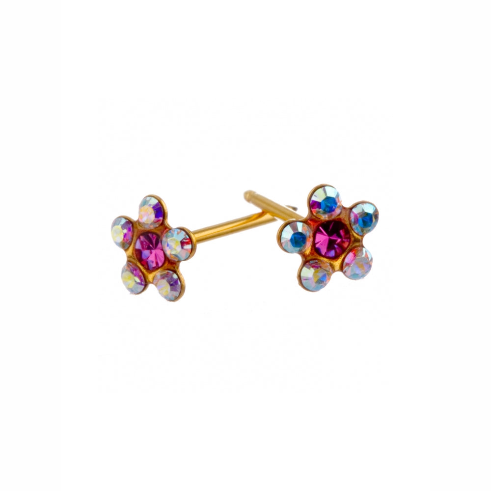 Surgical Stainless Steel Gold Plated Daisy AB/Pink Crystal Studs