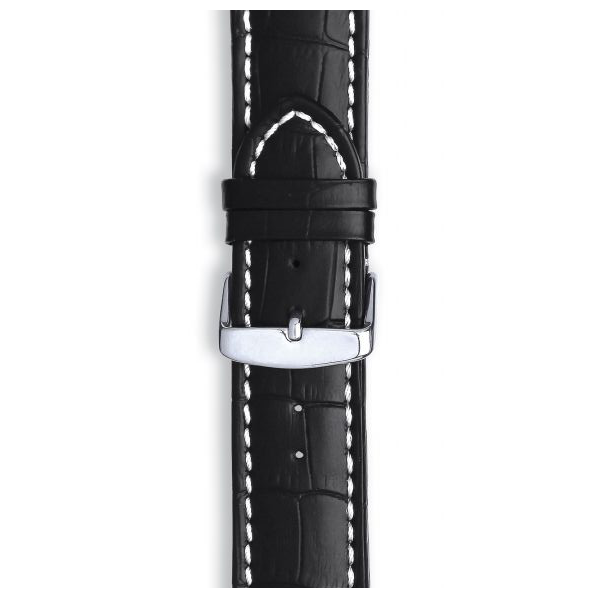 20mm Black Padded Stitched Alligator Leather Silver Buckle Watch Strap