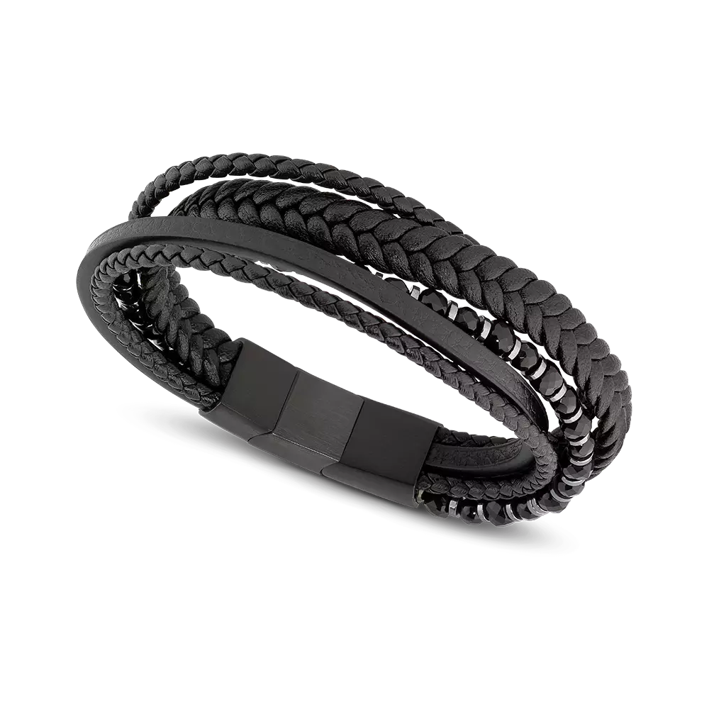 Rochet - Mens Black Leather & Bead Bracelet
