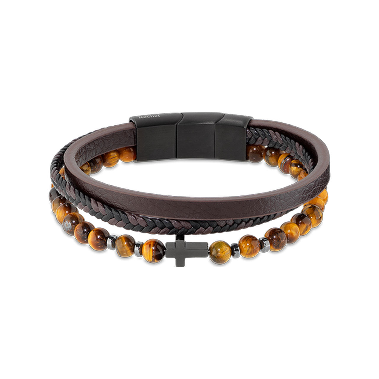 Rochet - Mens Stainless Steel Tigers Eye Leather Bracelet
