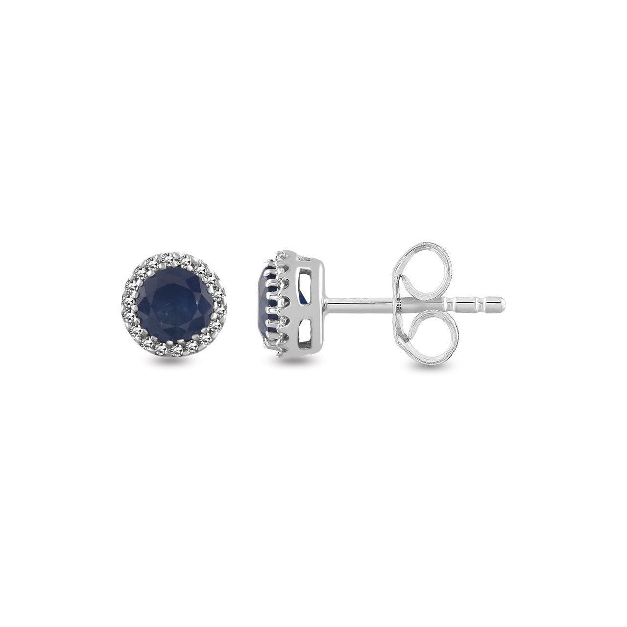 9k White Gold Round Sapphire & Diamond Halo Stud Earrings