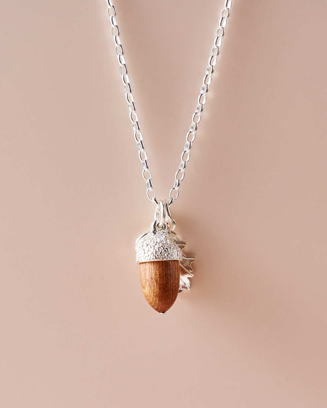 Sterling Silver Acorn & Leaf Pendant with Wood