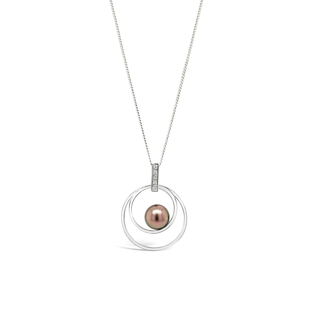 18k White Gold Tahitian Pearl & Diamond Double Circle Pendant