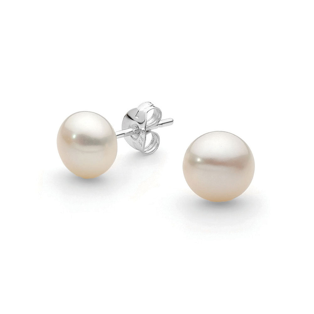 Sterling Silver White 7mm Button Fresh Water Pearl Stud Earrings