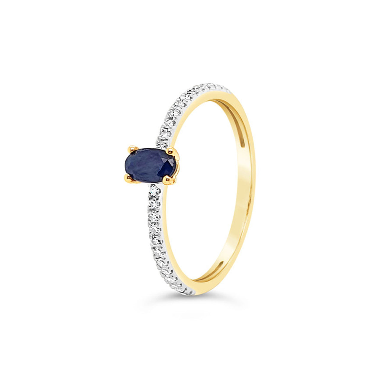 9k Yellow Gold Oval Sapphire & Shoulder Set Diamond Dress Ring