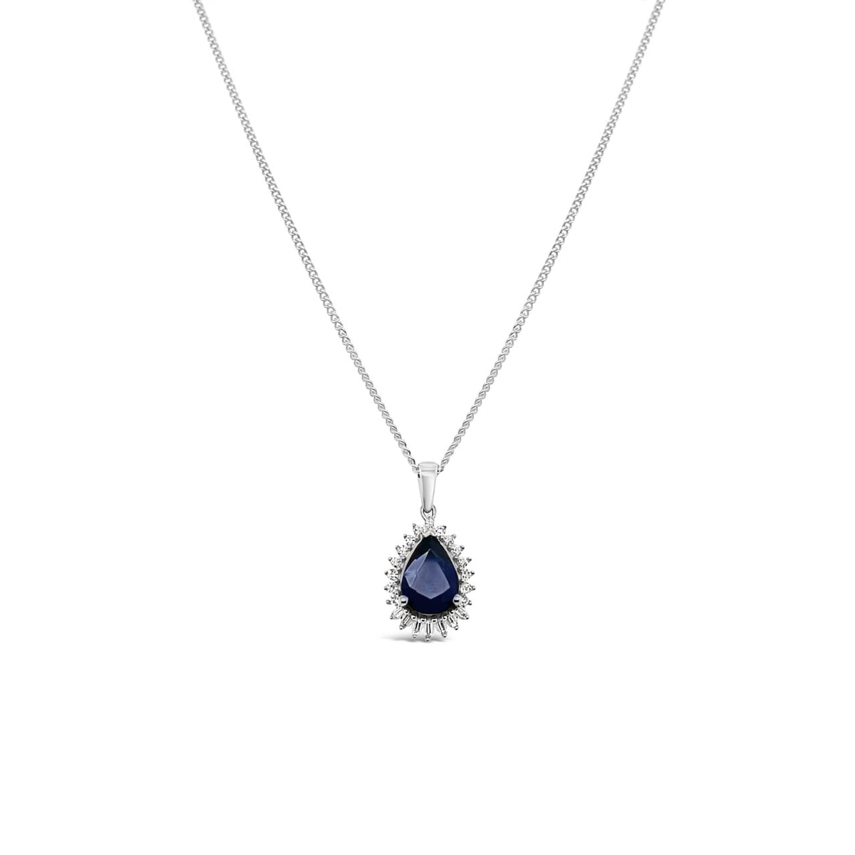 9k White Gold Pear Shaped Sapphire & Diamond Pendant