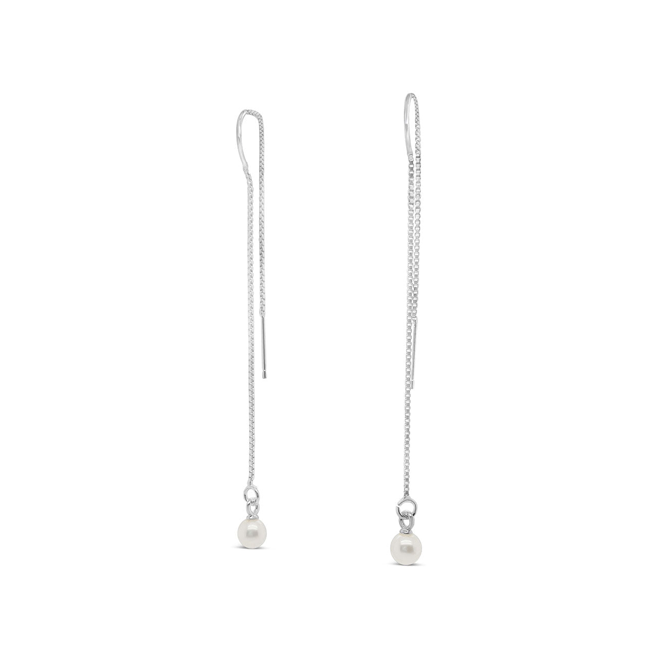 4mm Sterling Silver White Round Pearl Thread Earrings