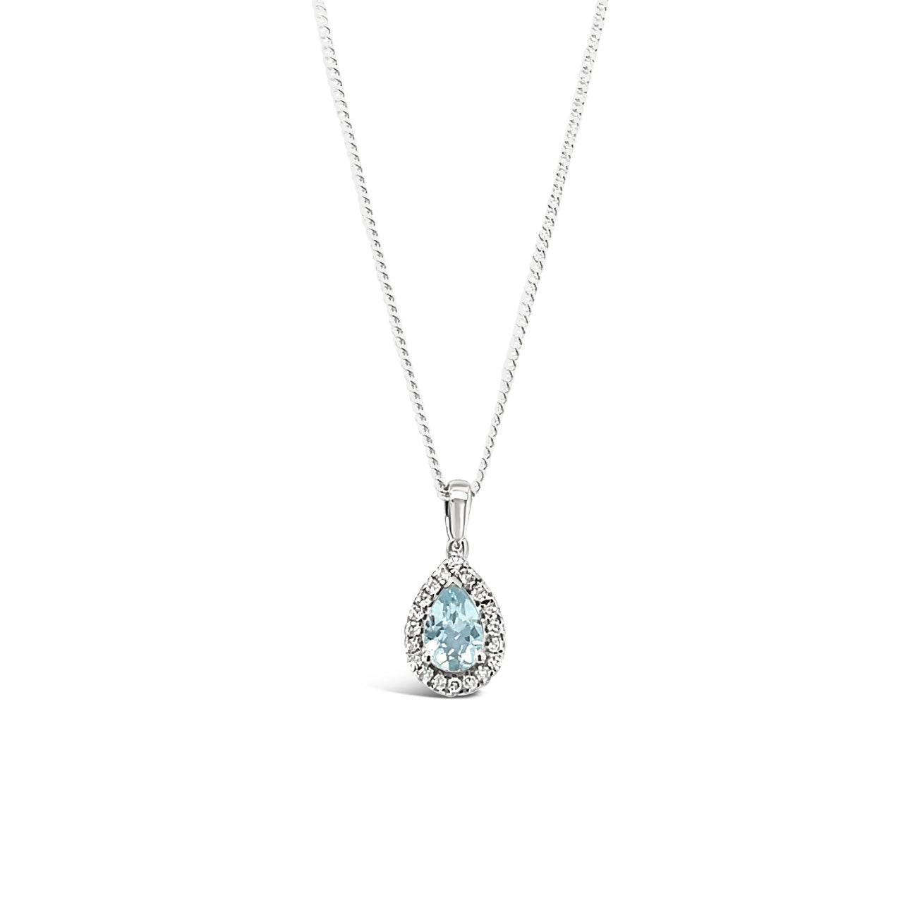 9k White Gold Pear Aquamarine & Diamond Halo Pendant