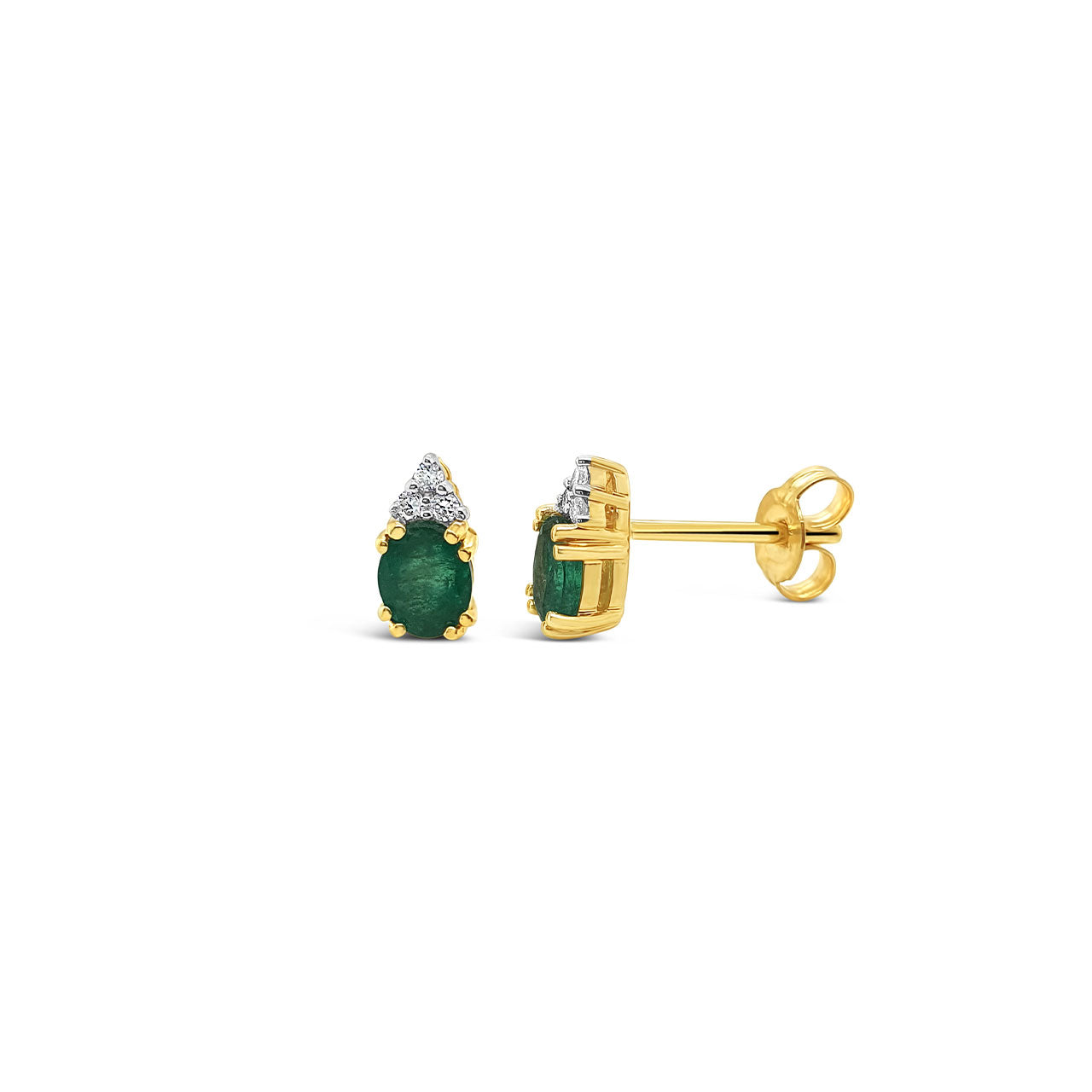9k Yellow Gold Oval Emerald & Diamond Stud Earrings