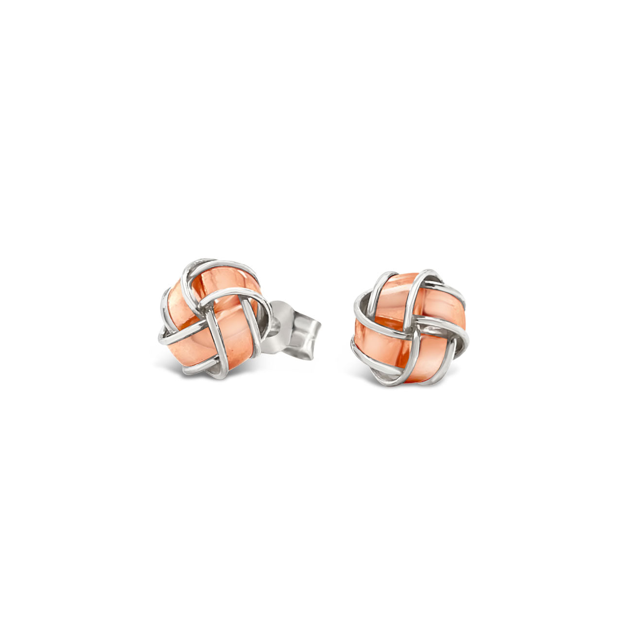 9k Rose Gold & Sterling Silver 4 Fold Twisted Knot Stud Earrings