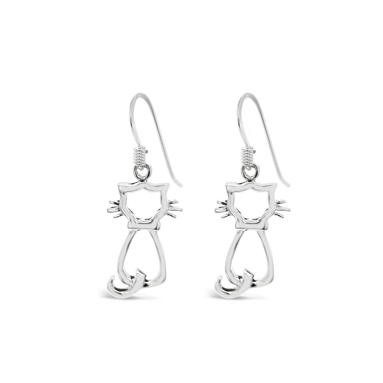 Sterling Silver Small Outline Sitting Cat Drop Earrings