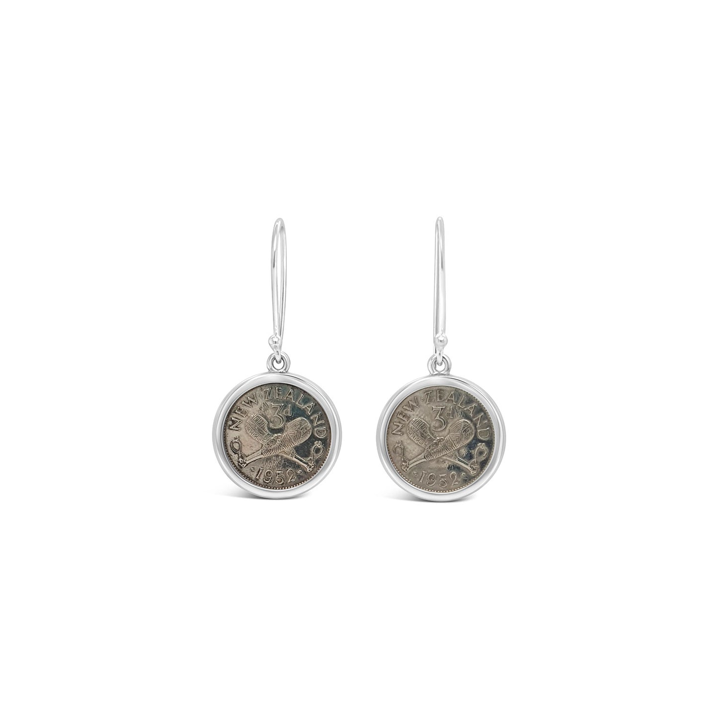 Sterling Silver Plain Wire Framed NZ Thruppence Hook Earrings