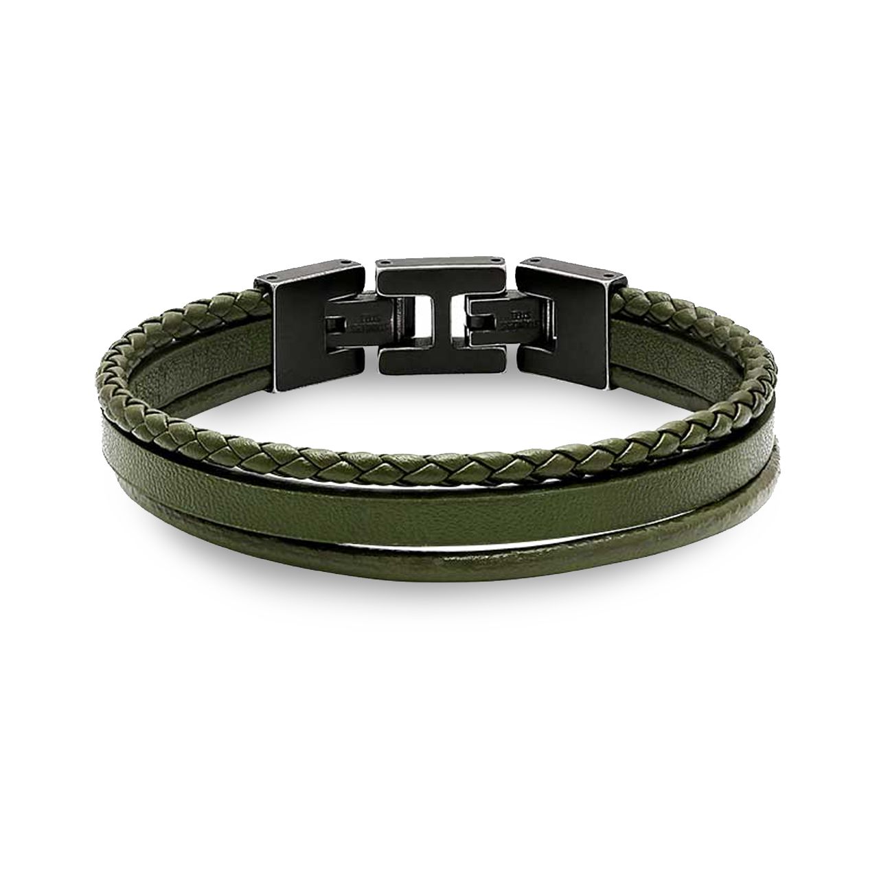 Polished Steel 3 Olive Flat, Braided & Round Leather 21cm Bracelet