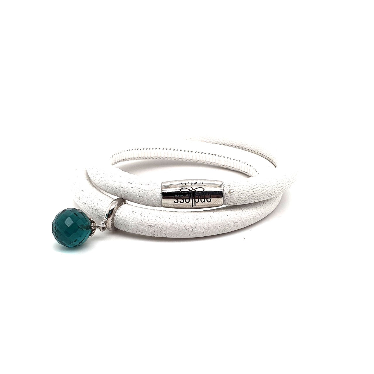 White Leather 36cm Double Wrap and London Blue Love Drop Charm Bracelet