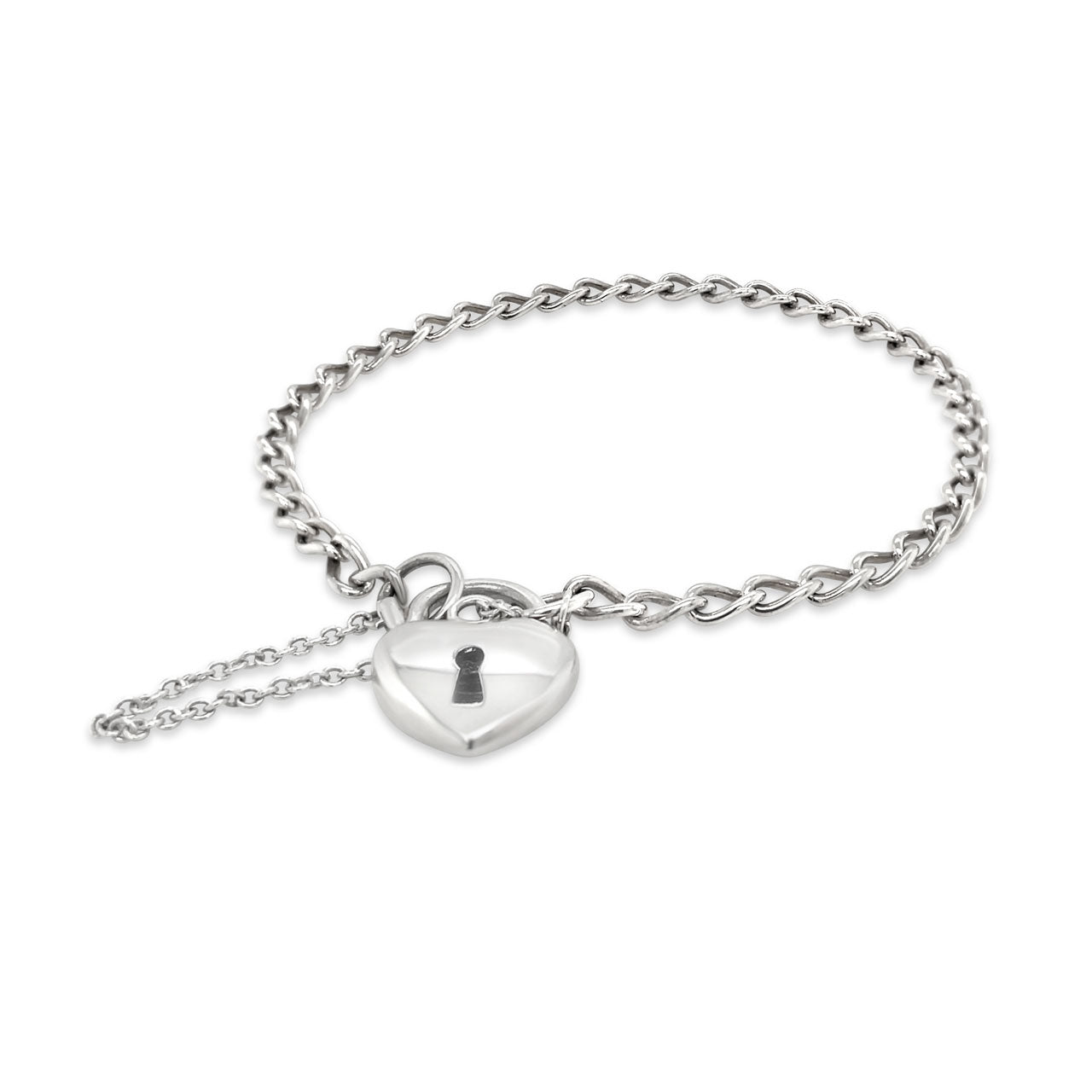 Sterling Silver Heart Padlock Curb Chain 18cm Charm Bracelet