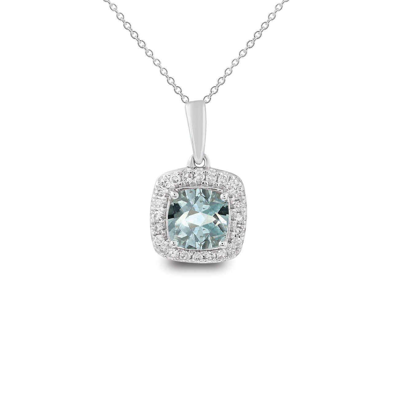 9k White Gold Cushion Cut Aquamarine & Diamond Halo Pendant