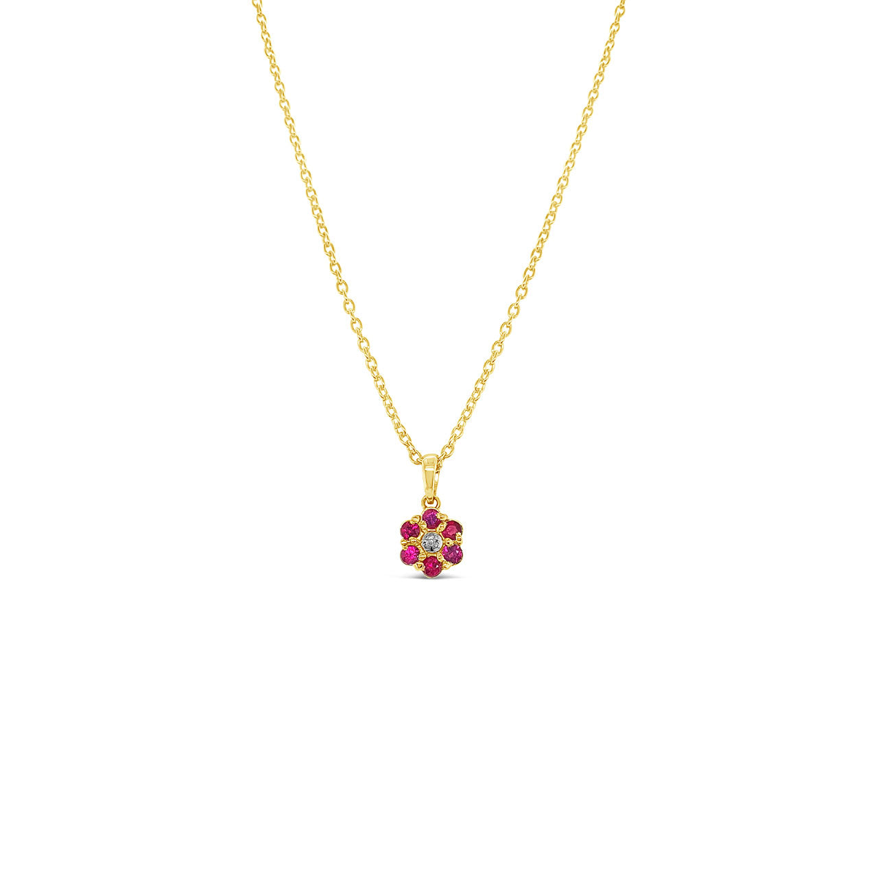 9k Yellow Gold Ruby & Diamond Flower Cluster Pendant