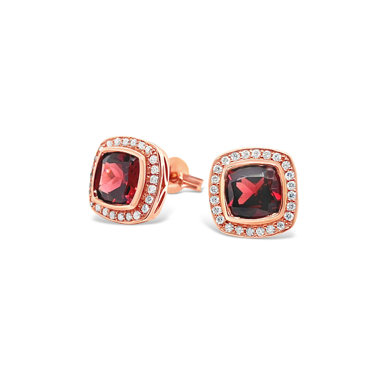 9k Rose Gold Cushion Cut Garnets & Diamond Earrings