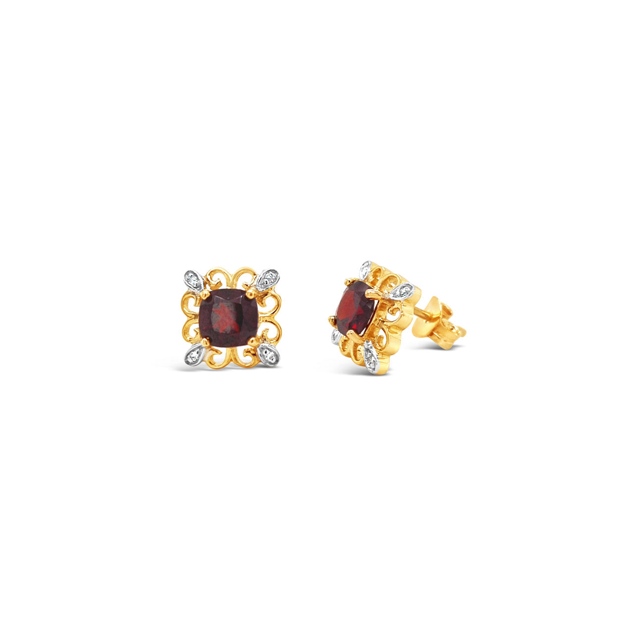 9k Yellow Gold Filigree Cushion Cut Garnet & Diamond Stud Earrings