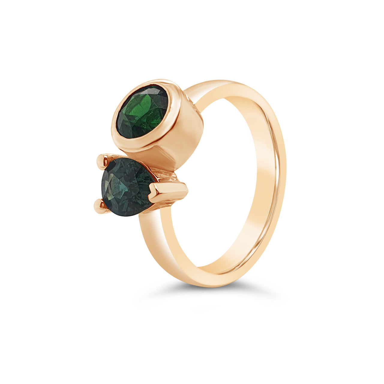 The Verdant Duo - 9k Rose Gold 1.5ct Round Tsavorite Garnet & 0.90ct Teal Pear Sapphire