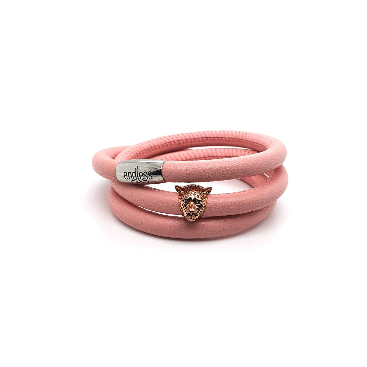 Rose Leather 54cm Triple Wrap with Leopard Charm Bracelet