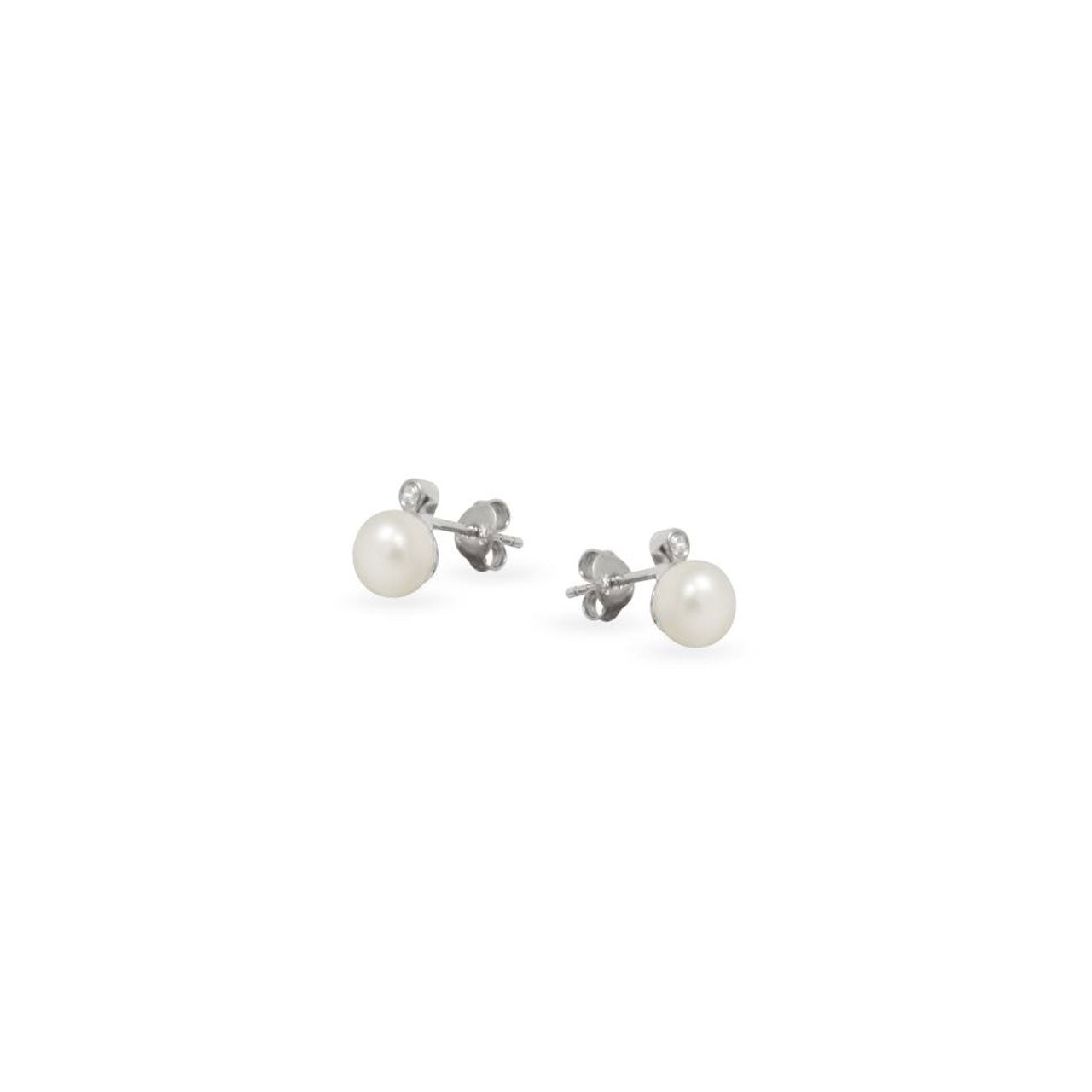 Sterling Silver 7mm White Fresh Water Pearl & CZ Stud Earrings