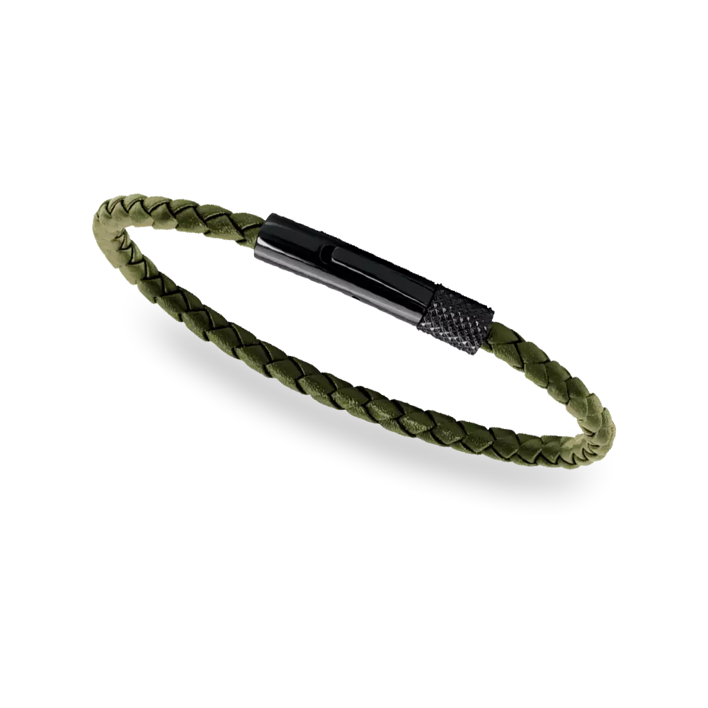 Rochet - Mens Stainless Steel Green Braided Leather Bracelet