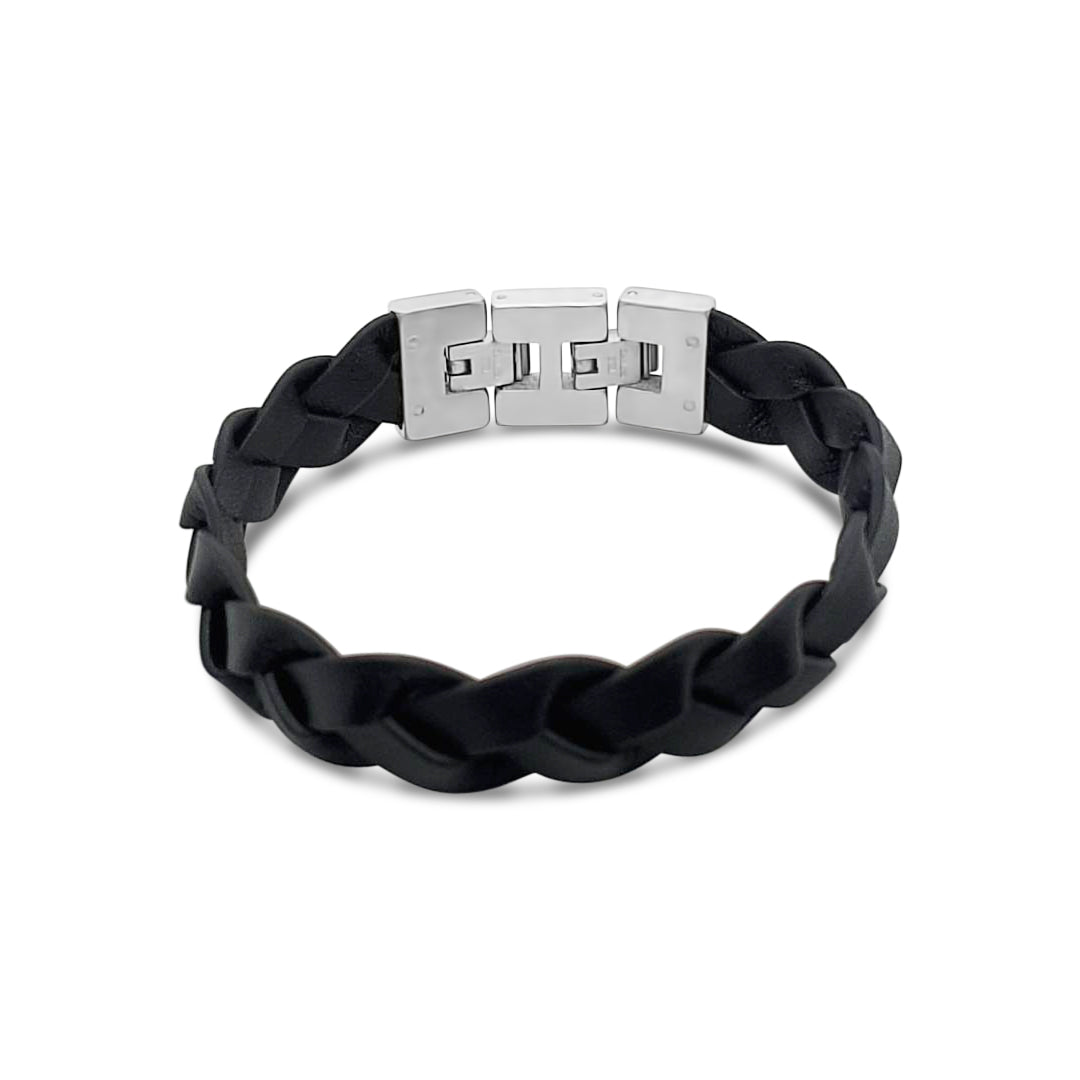 Rochet - Mens Stainless Steel Black Leather Plaited Bracelet