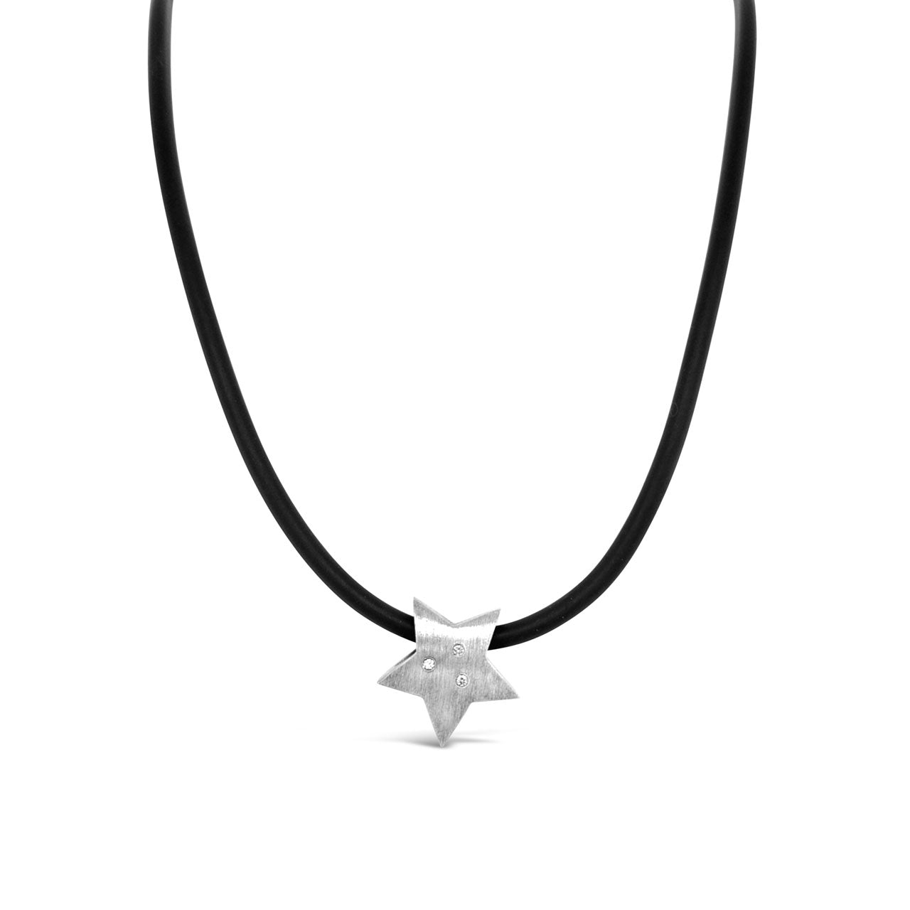 Matte Sterling Silver & CZ Star Black Rubber Necklace