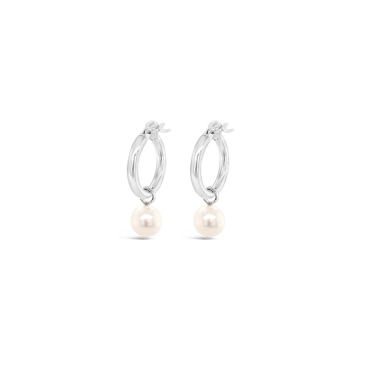 Sterling Silver 7-7.5mm Round White Fresh Water Pearl Drop Hoop Earrings