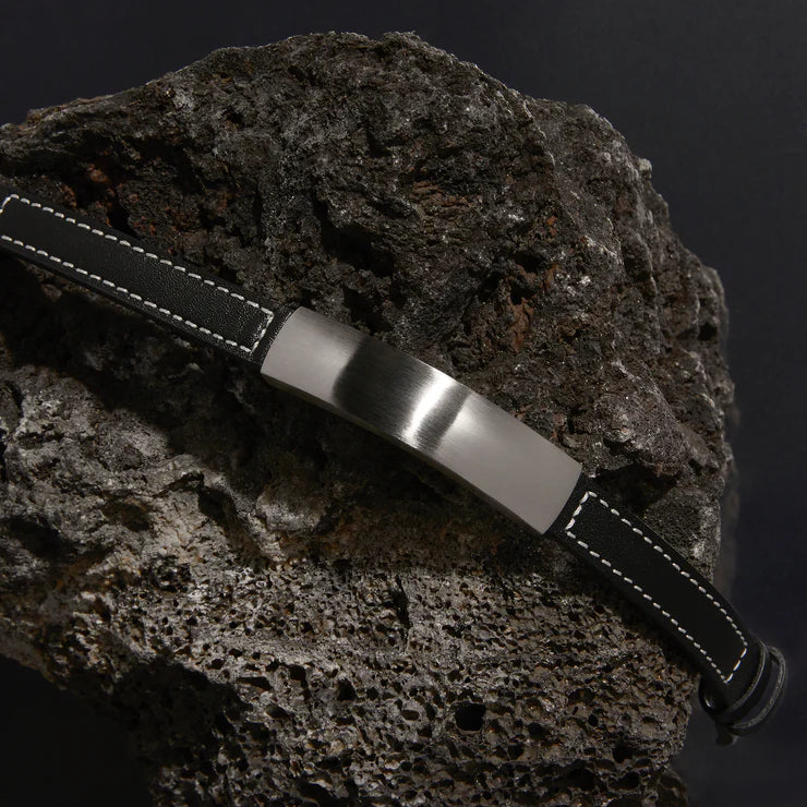 Memento Men’s Leather Buckle Identity Bracelet