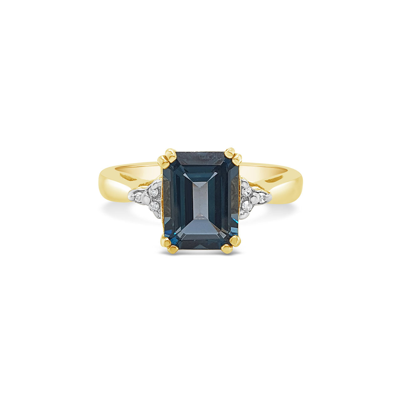9k Yellow Gold Blue Topaz & Diamond Emerald Cut Dress Ring Jamies Jewellers 9k Yellow Gold Blue Topaz & Diamond Emerald Cut Dress Ring Jamies Jewellers