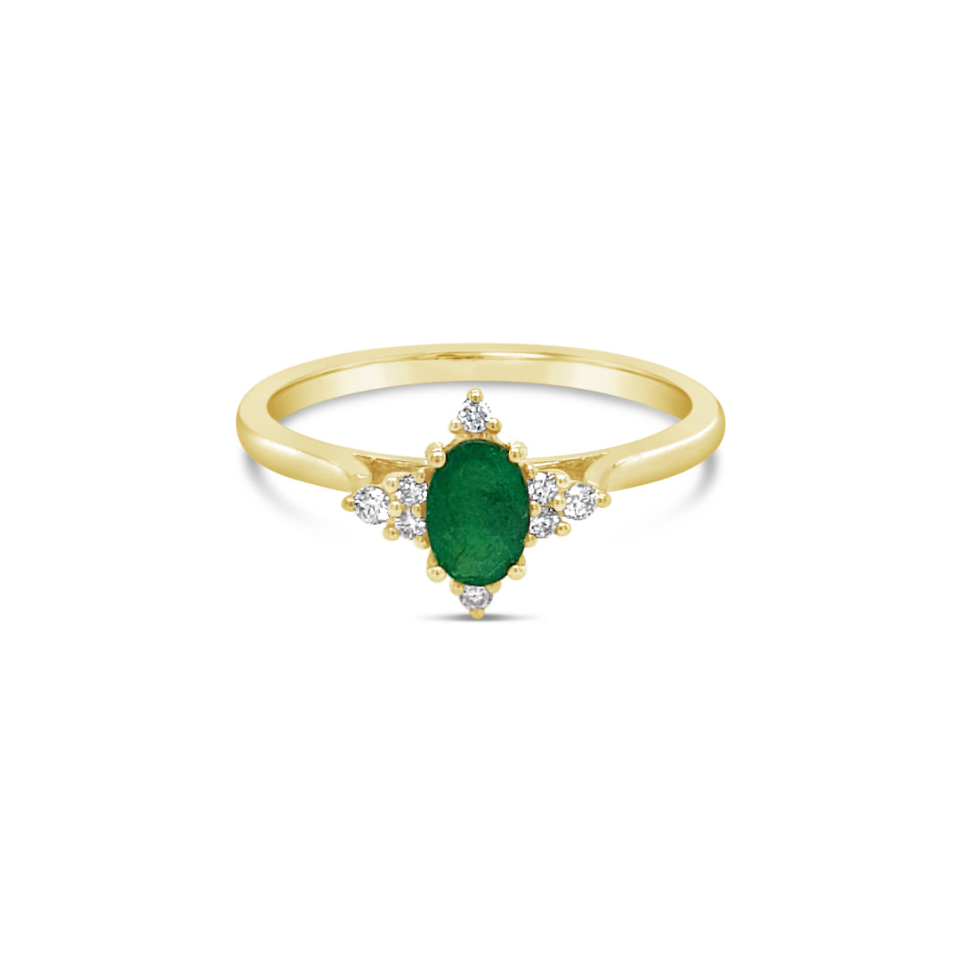 9k Yellow Gold Oval Emerald & Diamond Dress Ring