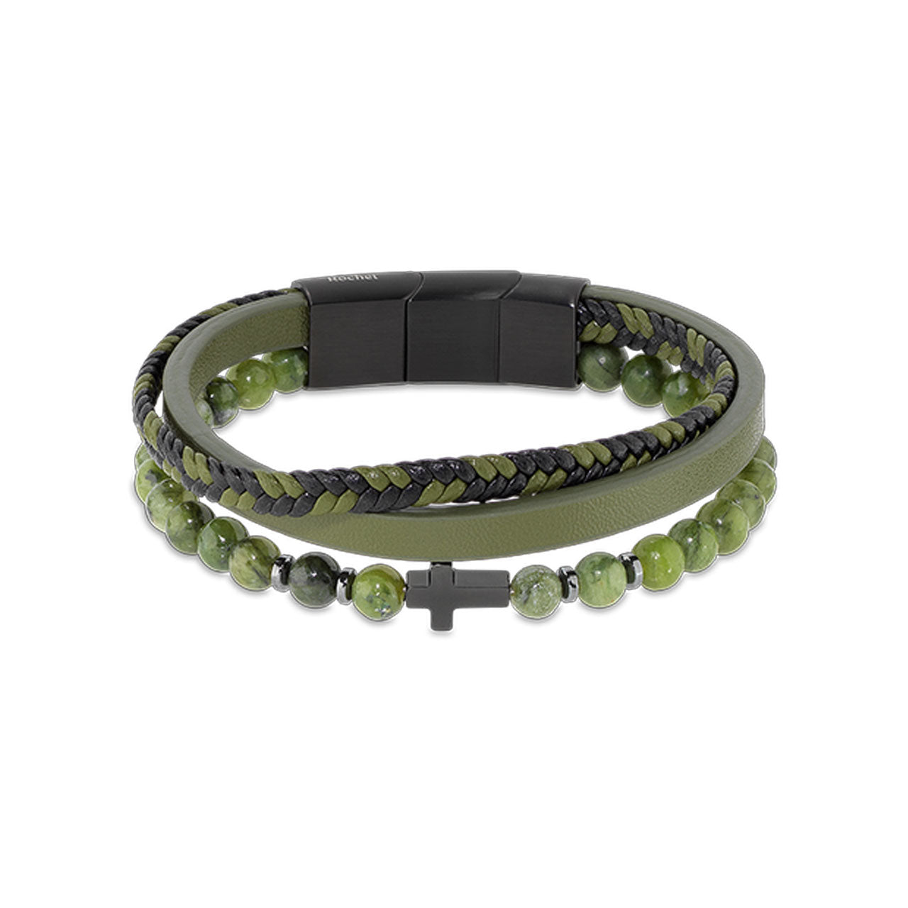 Rochet - Mens Stainless Steel Green Leather Bracelet