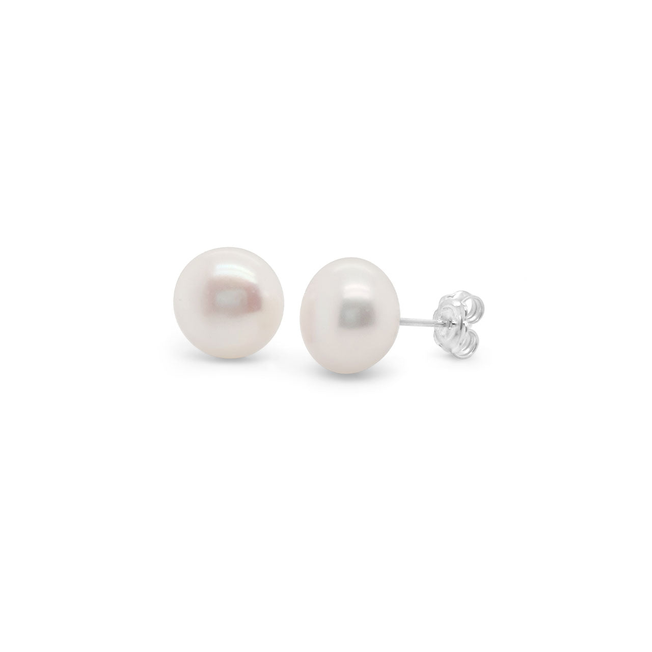 Sterling Silver 12-13mm White Button Fresh Water Pearl Stud Earrings