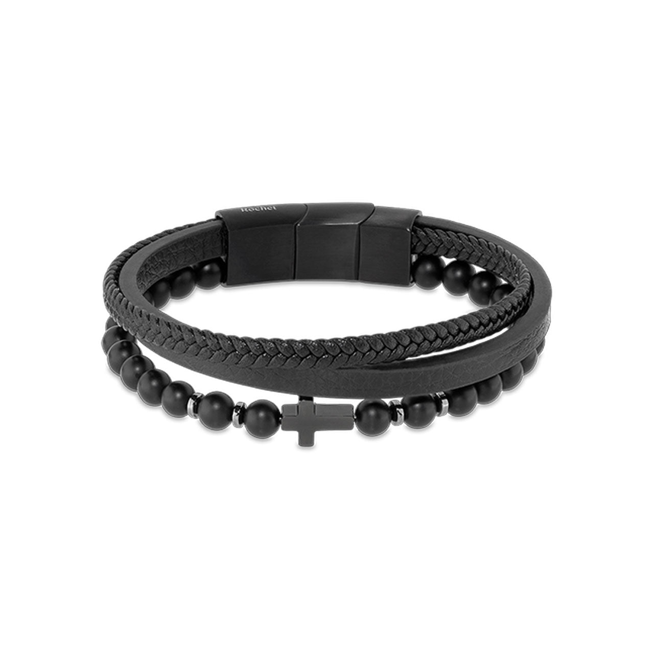 Stainless Steel Mysteres 12mm Black Leather Bracelet