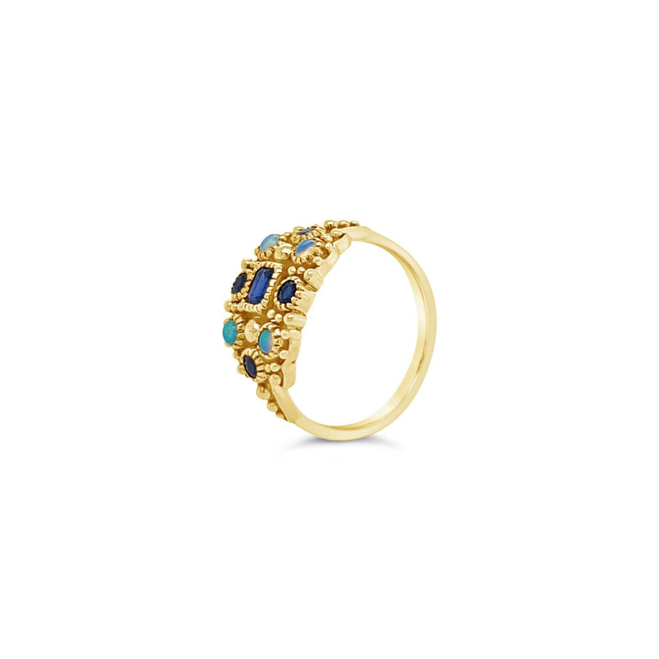9k Yellow Gold Sapphire & Opal Antique Style Cluster Ring - Jamies Jewellers