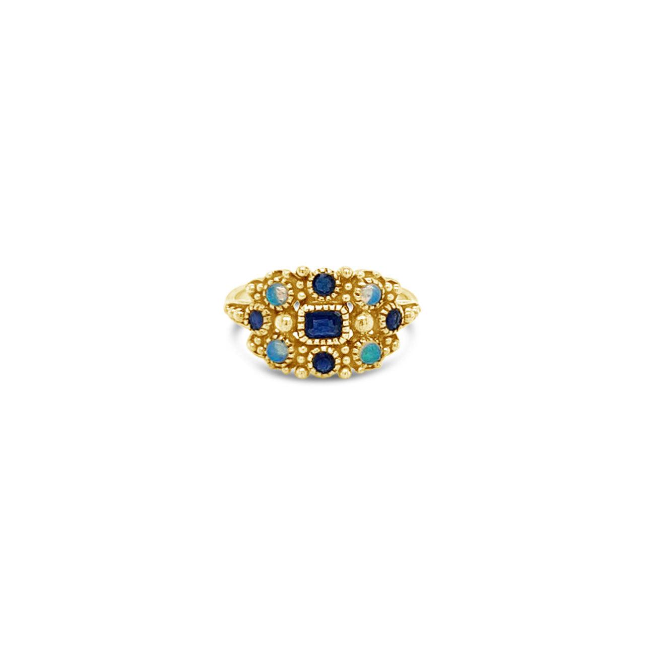 9k Yellow Gold Sapphire & Opal Antique Style Cluster Ring - Jamies Jewellers