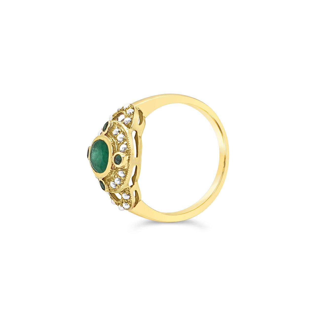 9k Yellow Gold Emerald & Pearl Oval Antique Dress Ring