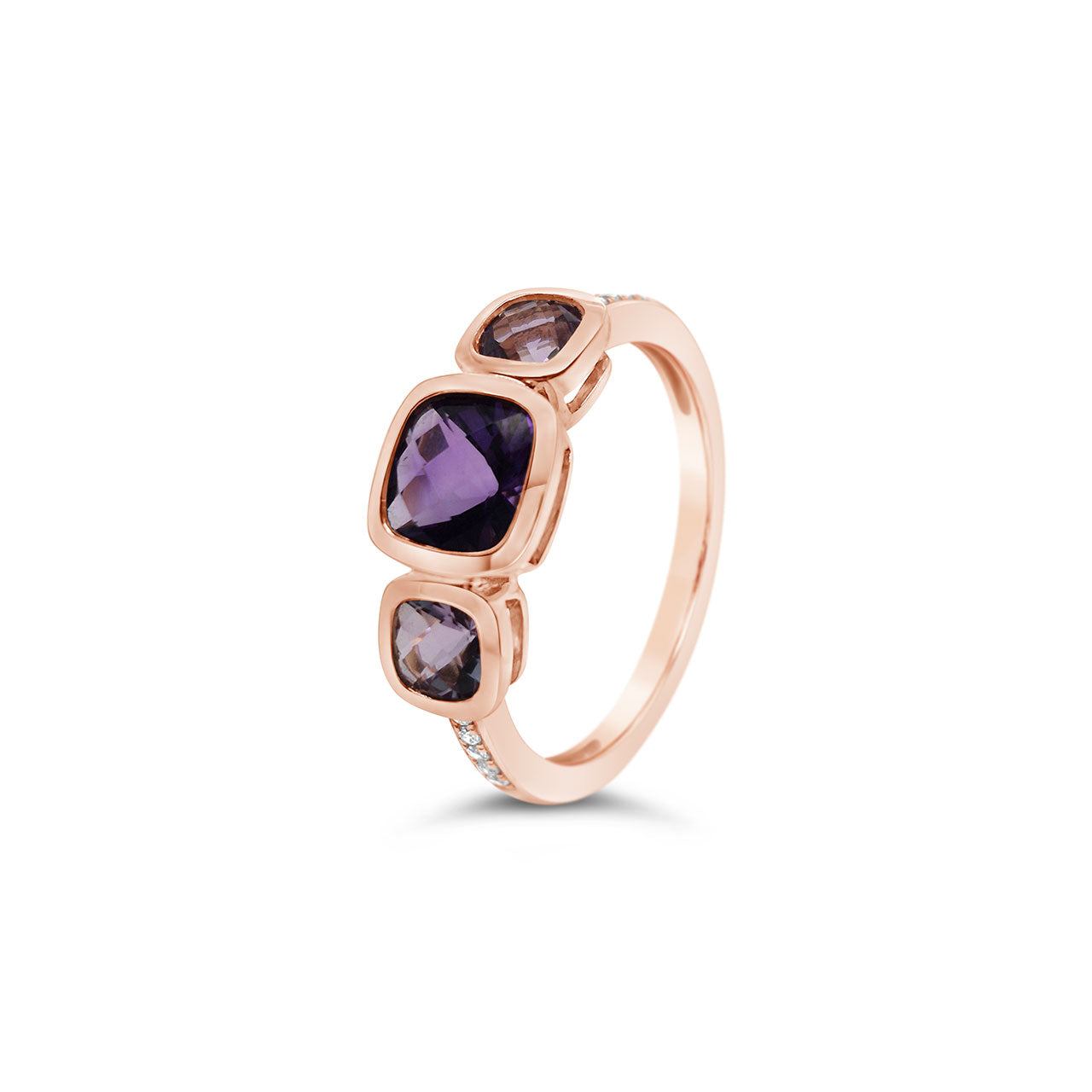 9k Rose Gold Amethyst & Purple Amethyst 3 Stone Dress Ring