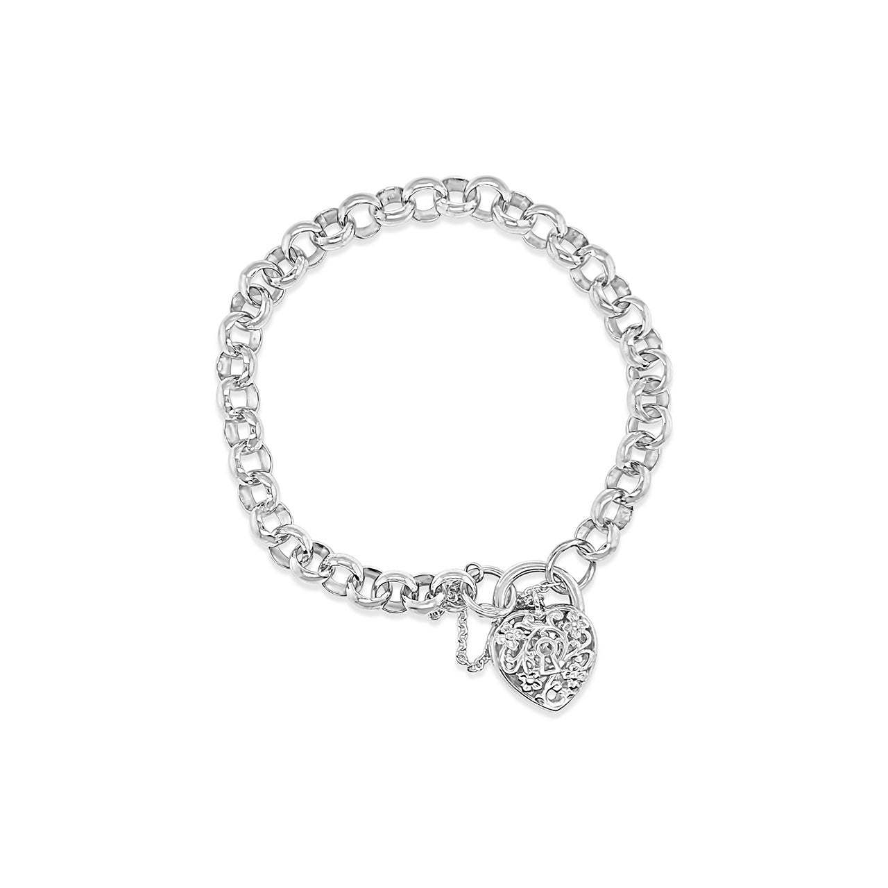 Sterling Silver Filigree Padlock Round Belcher Bracelet