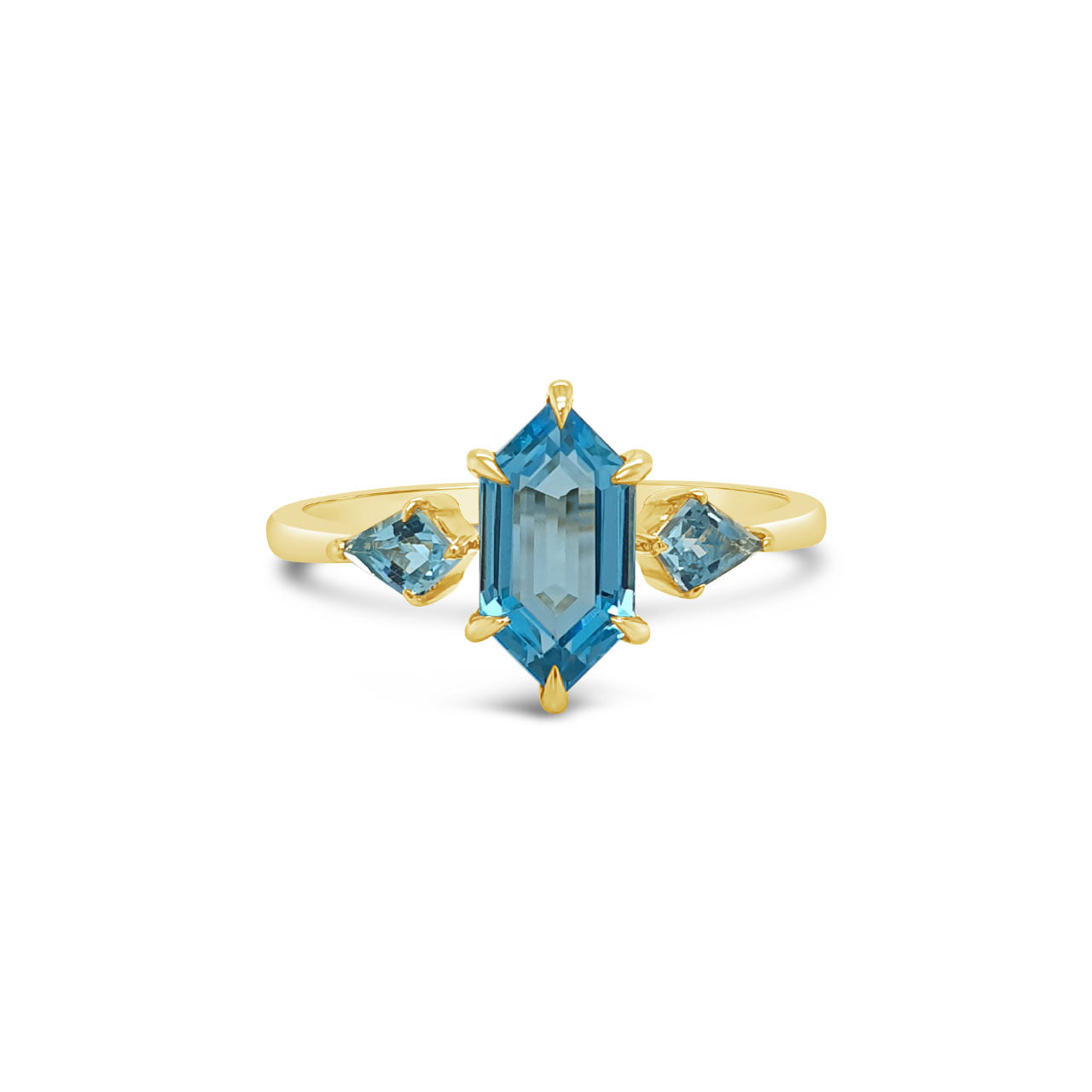 9k Yellow Gold Blue Topaz 3 Stone Dress Ring