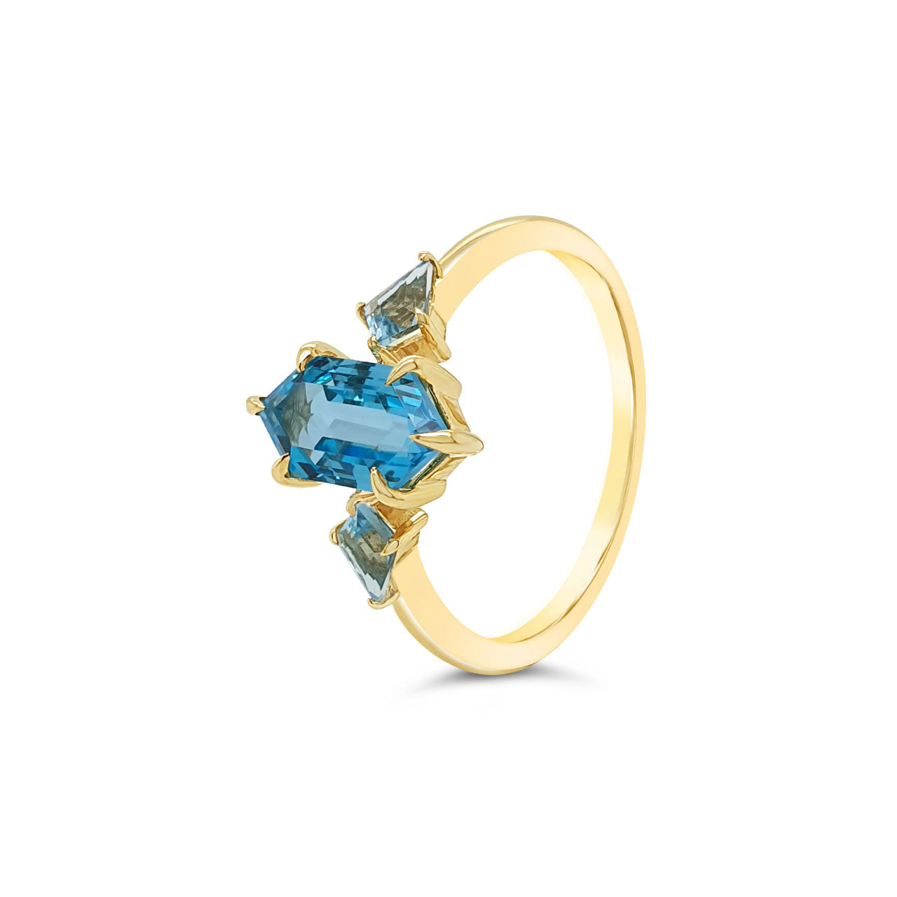 9k Yellow Gold Blue Topaz 3 Stone Dress Ring