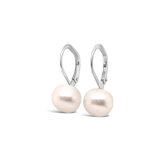 Sterling Silver 8-8.5mm White Button Fresh Water Pearl Drop Earrings