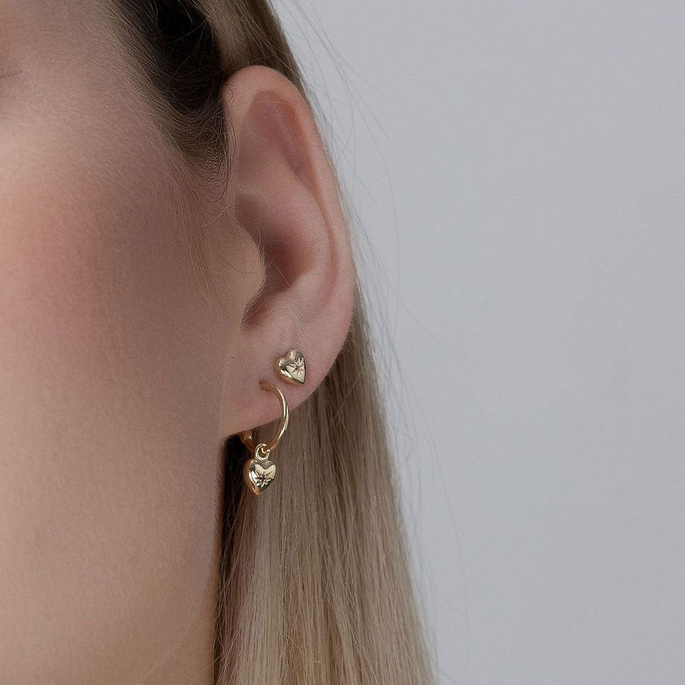 Petite Puffed Heart Studs Ruby + Gold