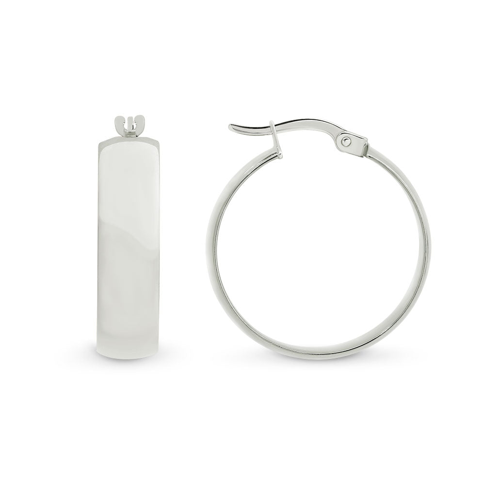 Wide Medium Hoop Earrings - 9k White Gold Silver Filled