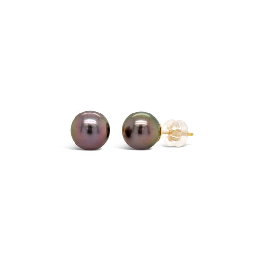 8-9mm Tahitian Round Pearl 9k Yellow Gold Stud Earrings