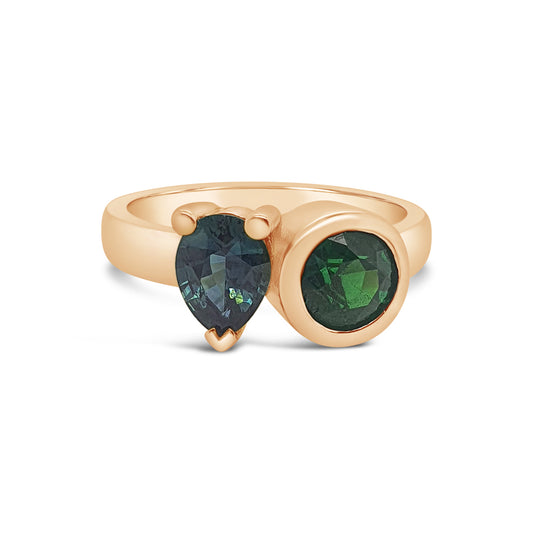 The Verdant Duo - 9k Rose Gold 1.5ct Round Tsavorite Garnet & 0.90ct Teal Pear Sapphire