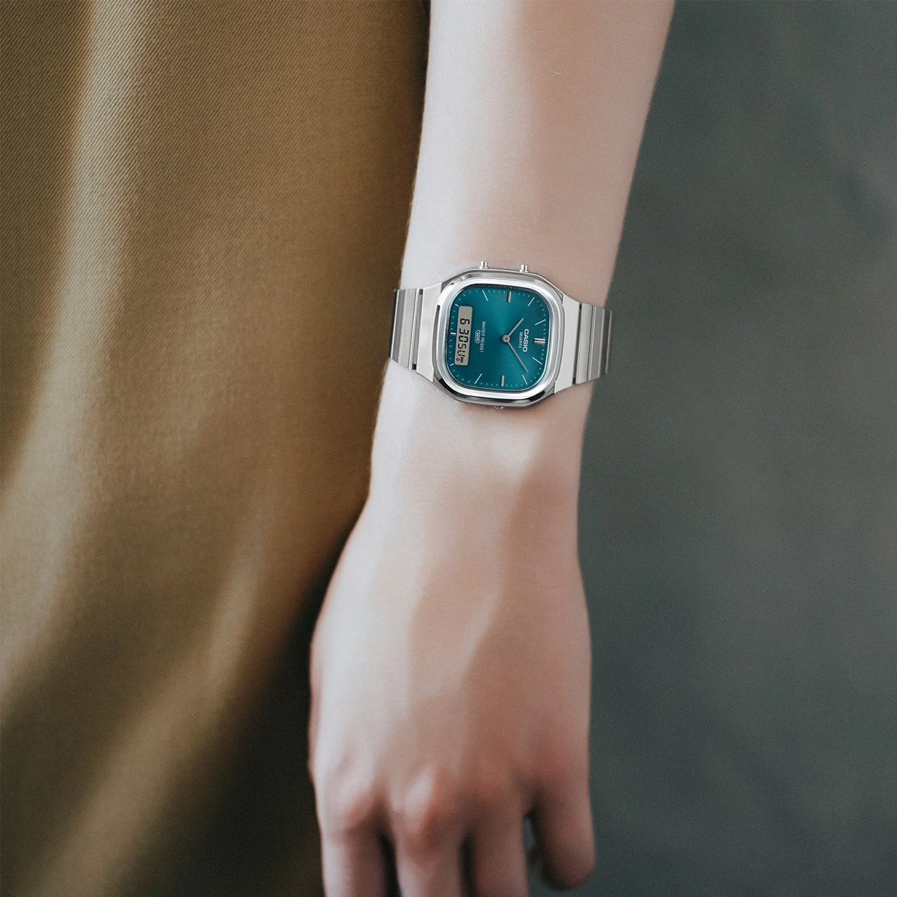 Casio Vintage Square Retro Duo Green Dial Watch - AQ240E-3A