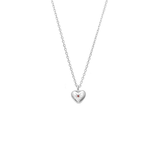 Petite Puffed Heart Necklace Ruby + Silver
